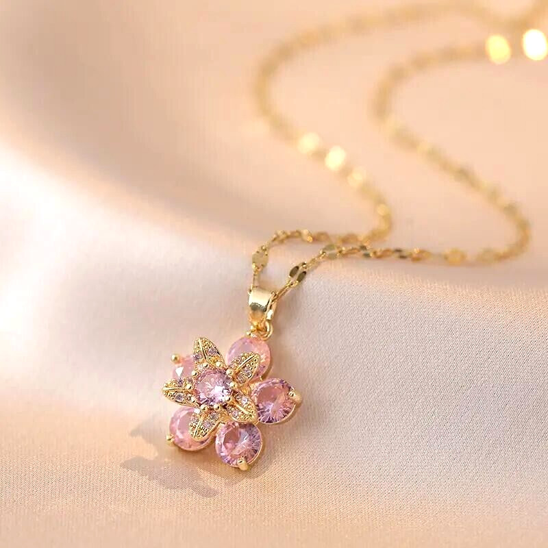 Fashion Pink Golden Flower Rhinestone Heart Pendant Necklace Women Gift New