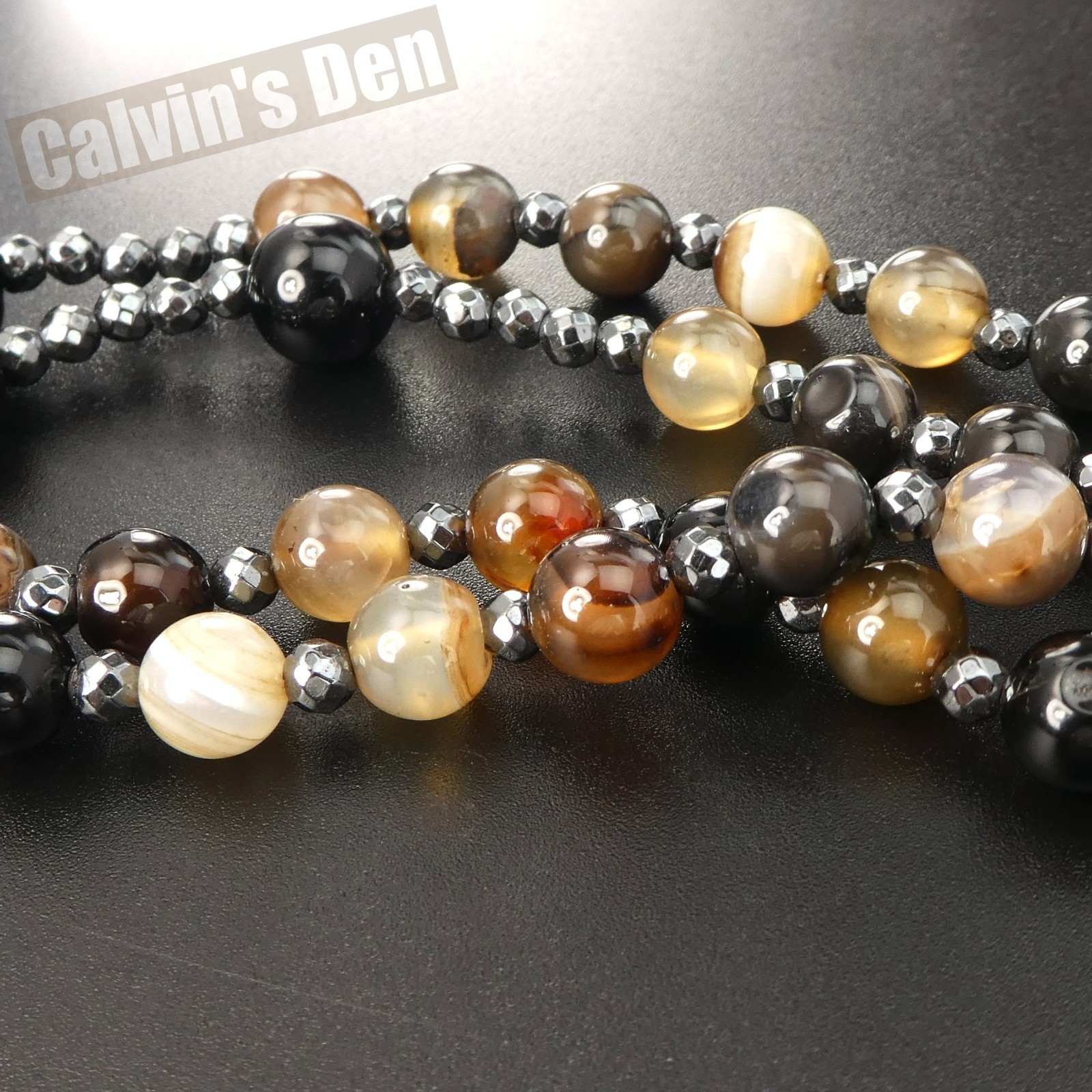 Brown Agate Black Onyx Bead Black Hematite Cross Rosary Necklace Man Women Gift