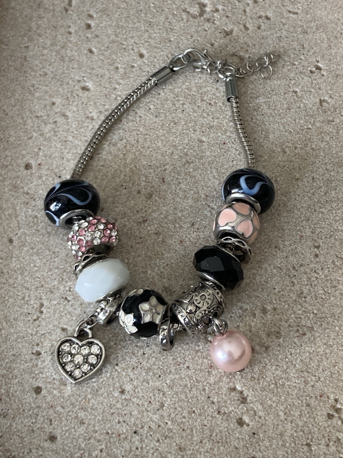 Silver Tone Charm Bracelet Black Pink Beads Rhinestone Heart Pearl Dangles
