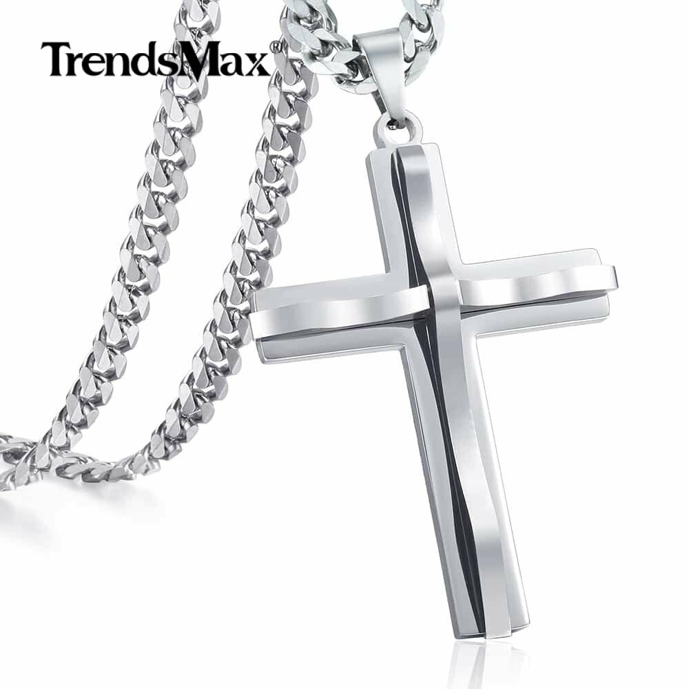 Silver Mens Cross Pendant Necklace 5mm 18-36” Stainless Steel Curb Cuban Chain