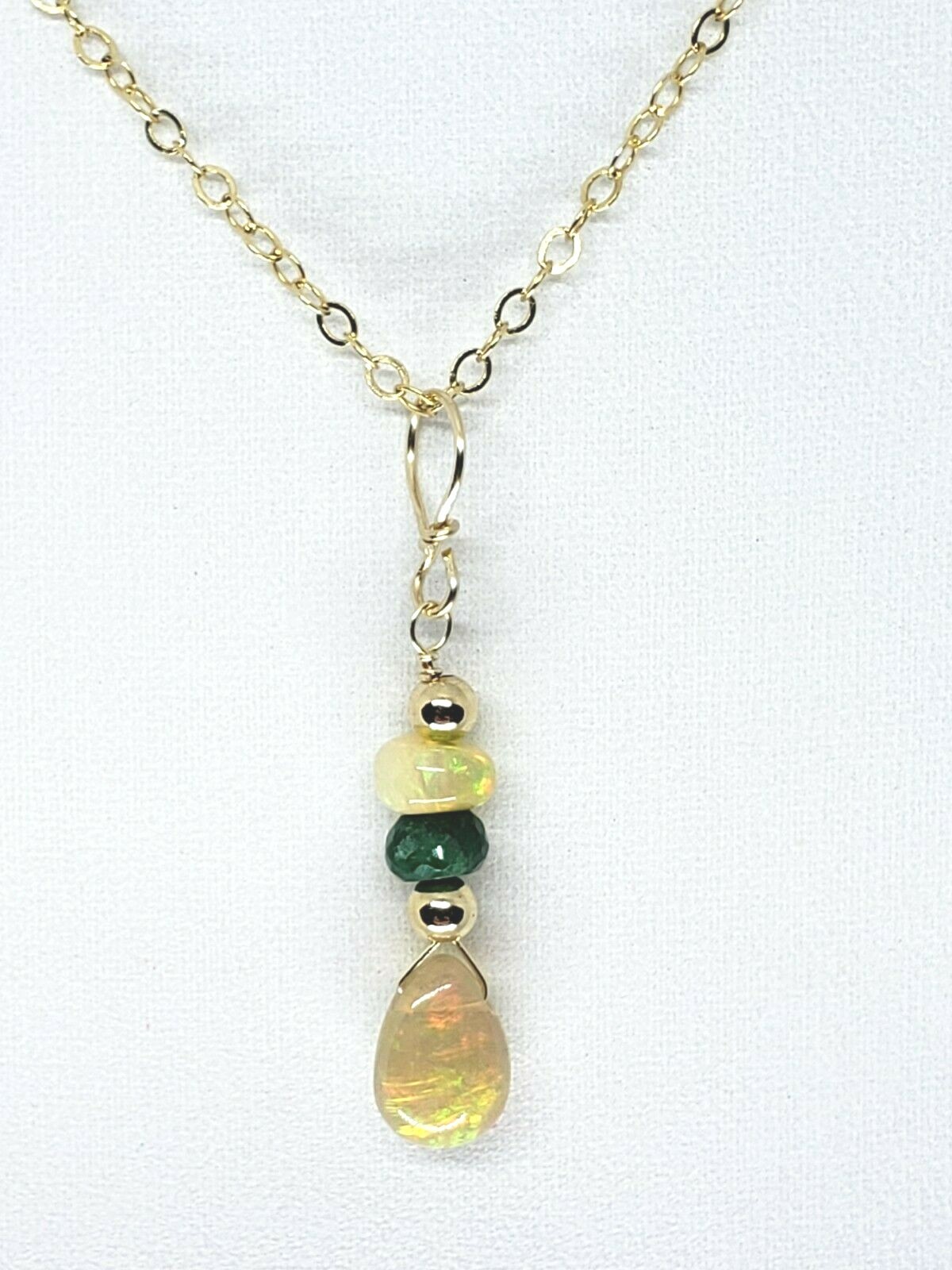 14k Yellow Gold Ethiopian Opal Briolette and Green Sapphire Cluster Drop Pendant