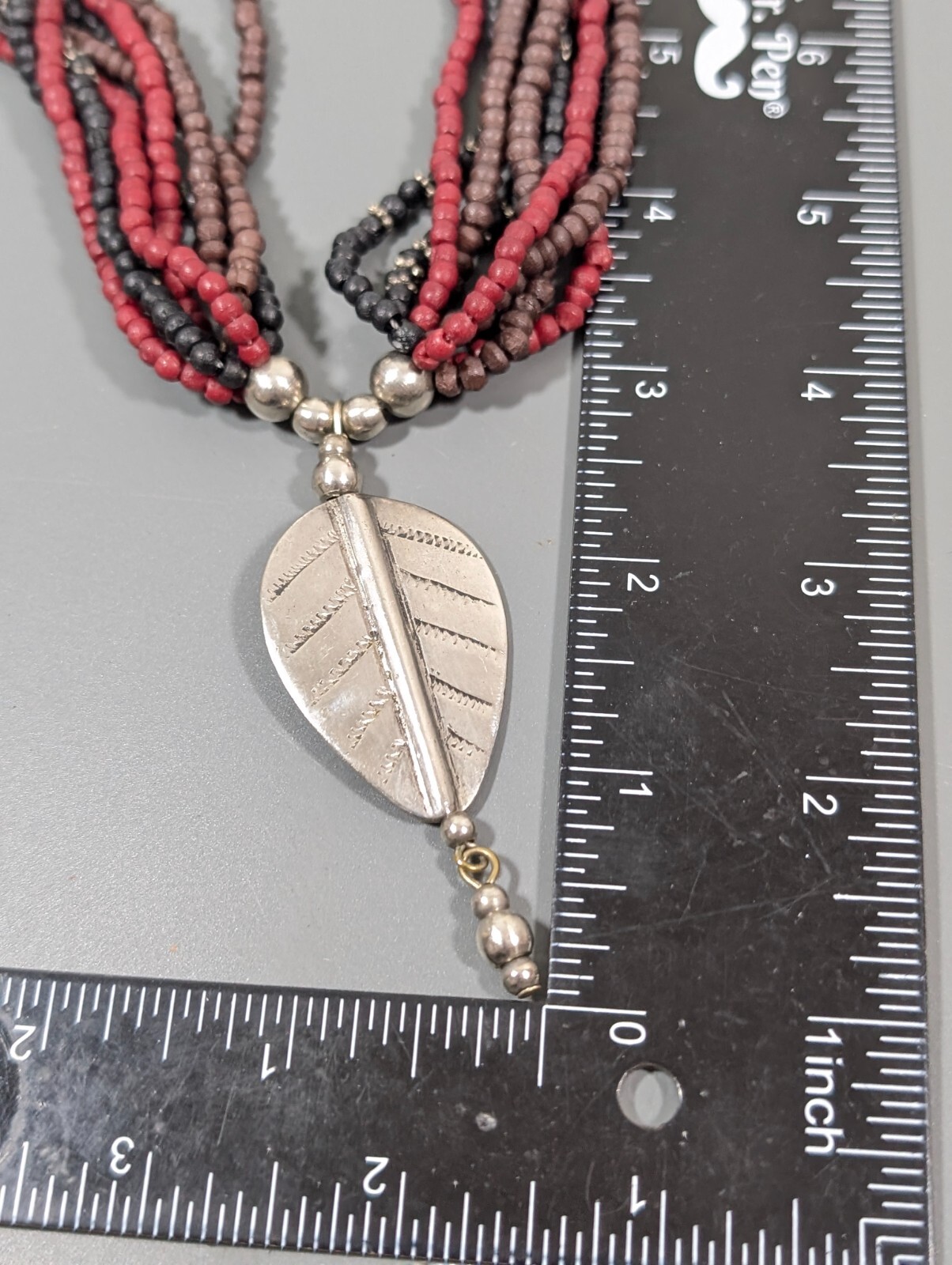 Red Black Beaded Leaf Pendant Multi Strand Statement Necklace Tribal Boho 22 in