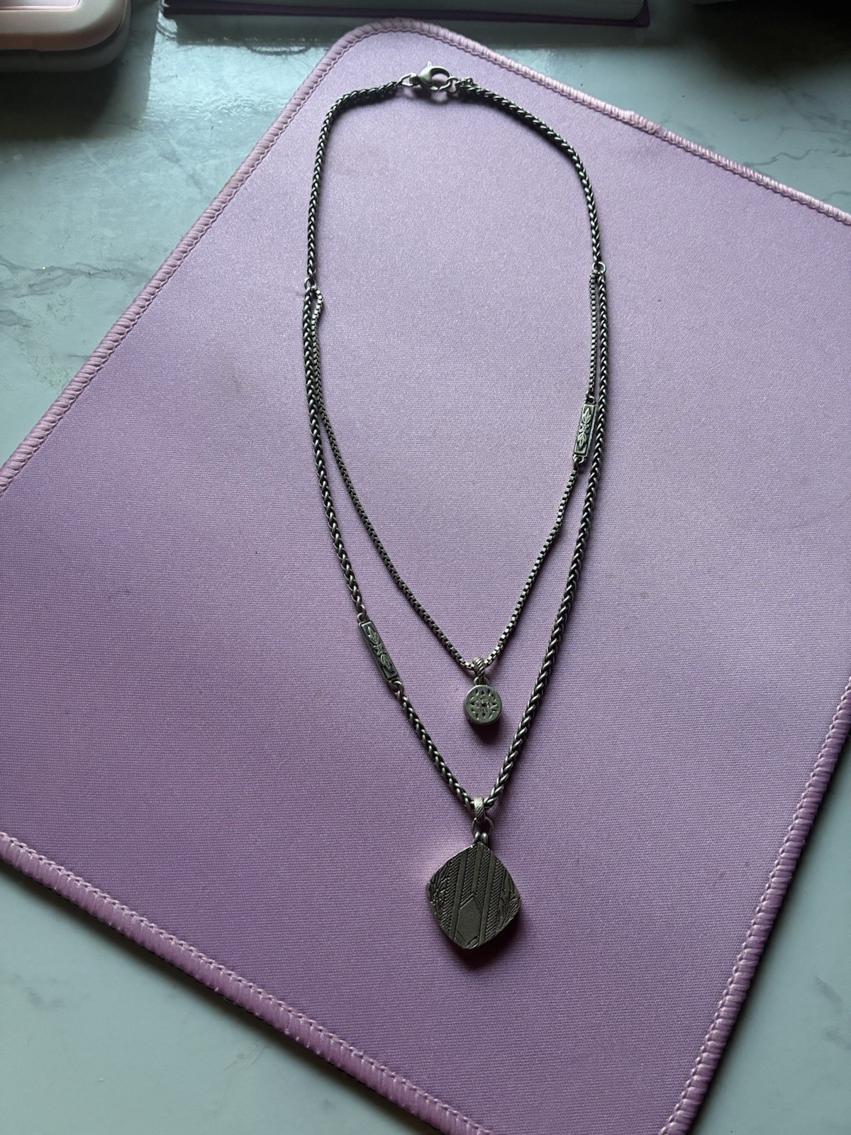 Fossil Silver-Tone Double Strand Layered Chain Necklace Asym Charm Signed