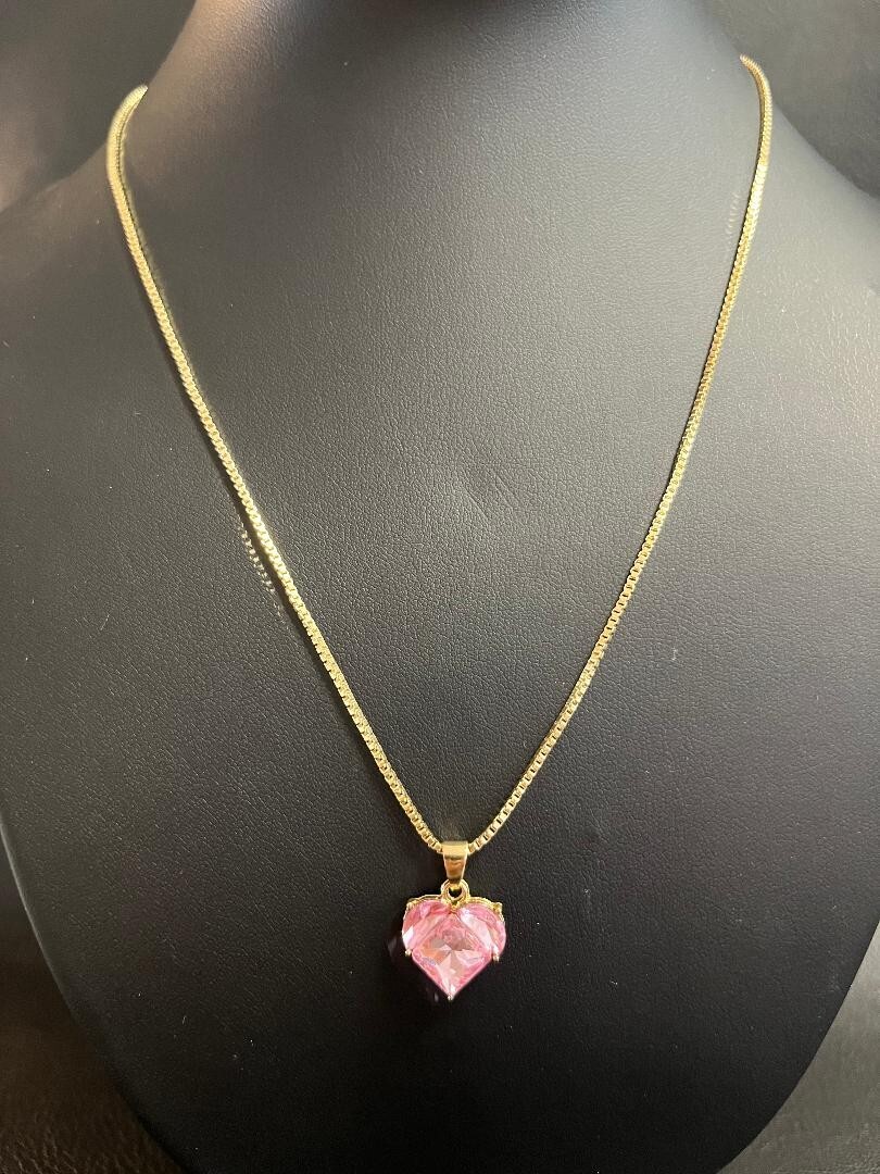 BEAUTIFUL NEW GOLD TONE PINK CUBIC ZIRCONIA HEART PENDANT NECKLACE 20″ CHAIN