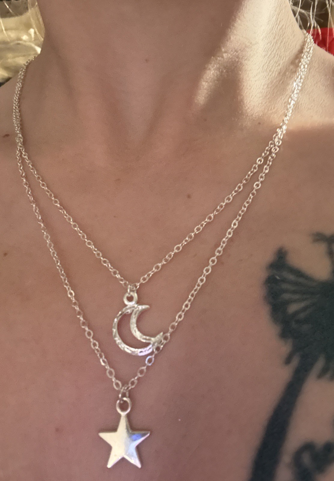 Moon And Star Pendant Necklace Set On Silver Chain