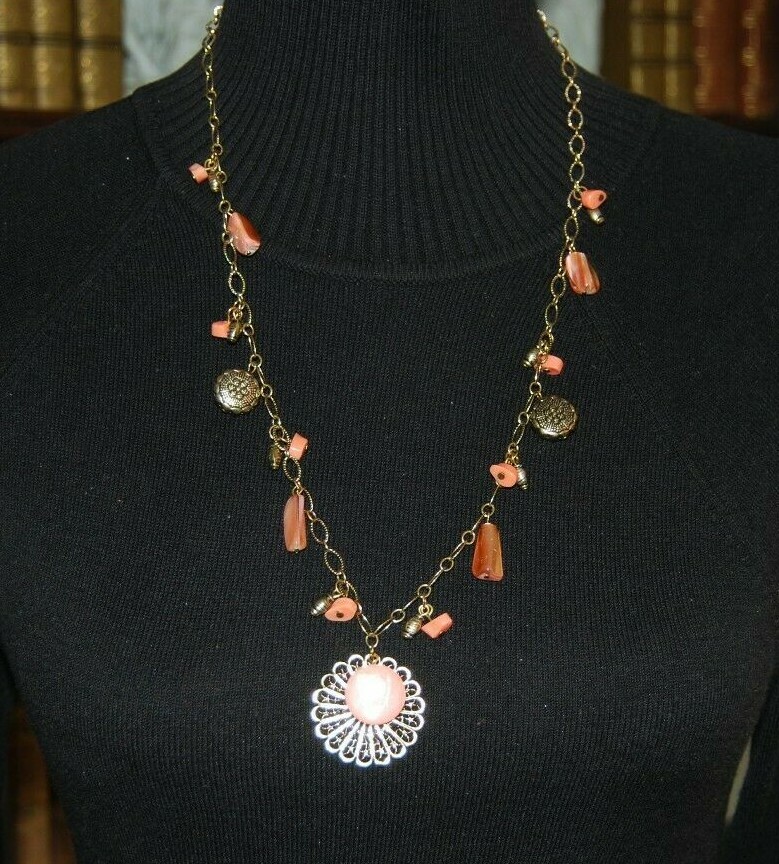 Gold Toned Metal Chain With Peach Color Stones & Charms Statement Long Necklace