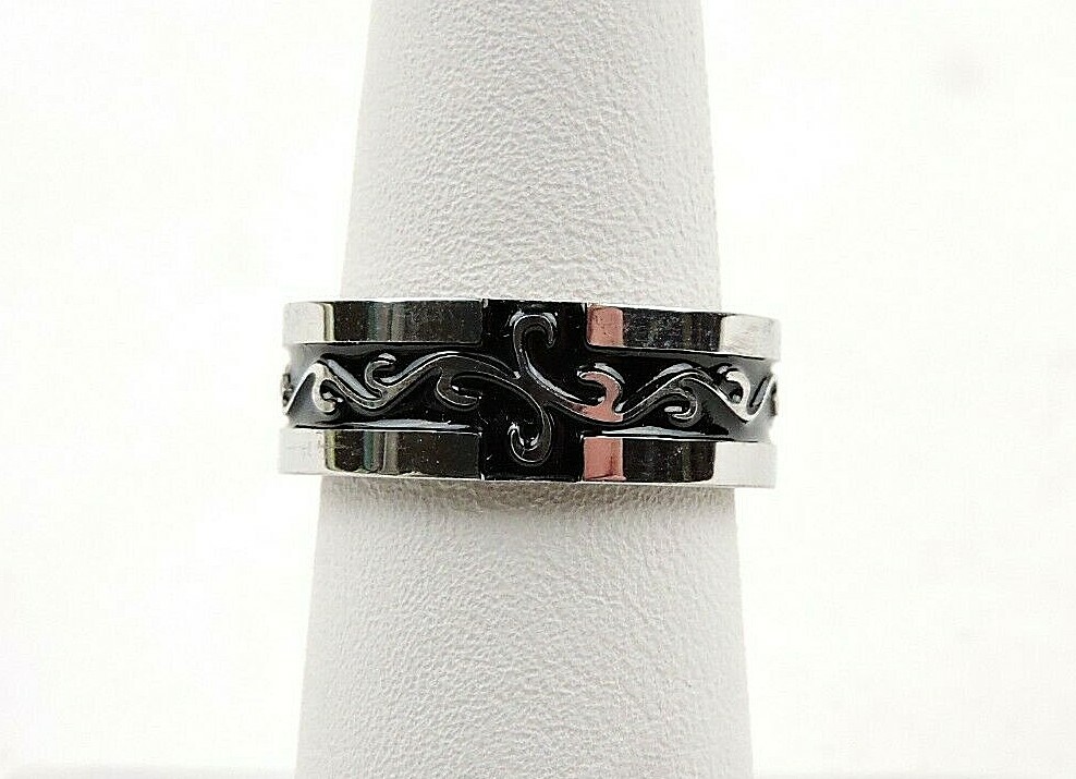 Stainless Steel Black Enamel Swirls Comfort Fit Band Ring – Free Gift Packaging