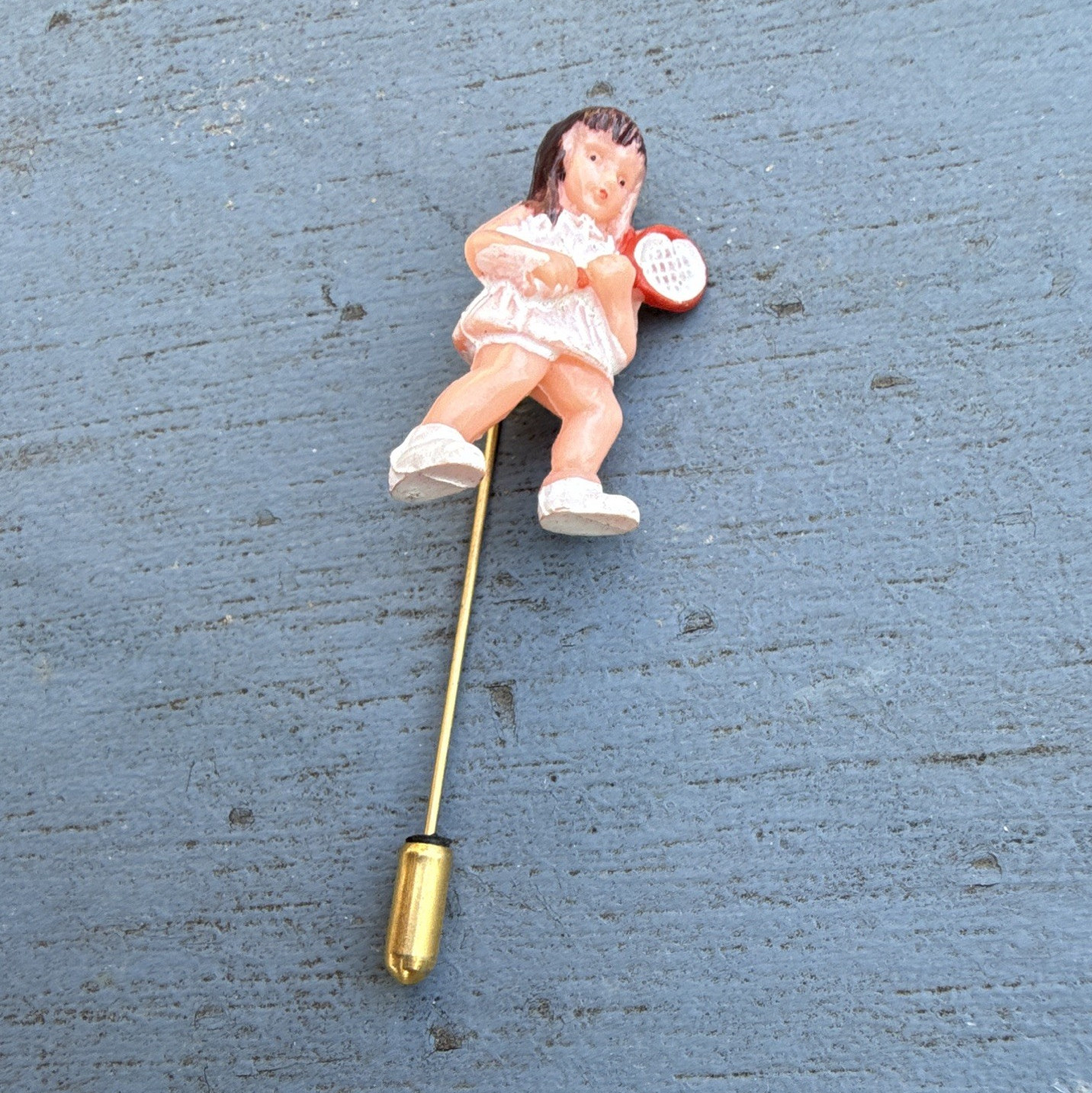 Figural Tennis Girl Stick Pin Lapel/Hat Pin Gold Tone Multicolor Plastic Metal