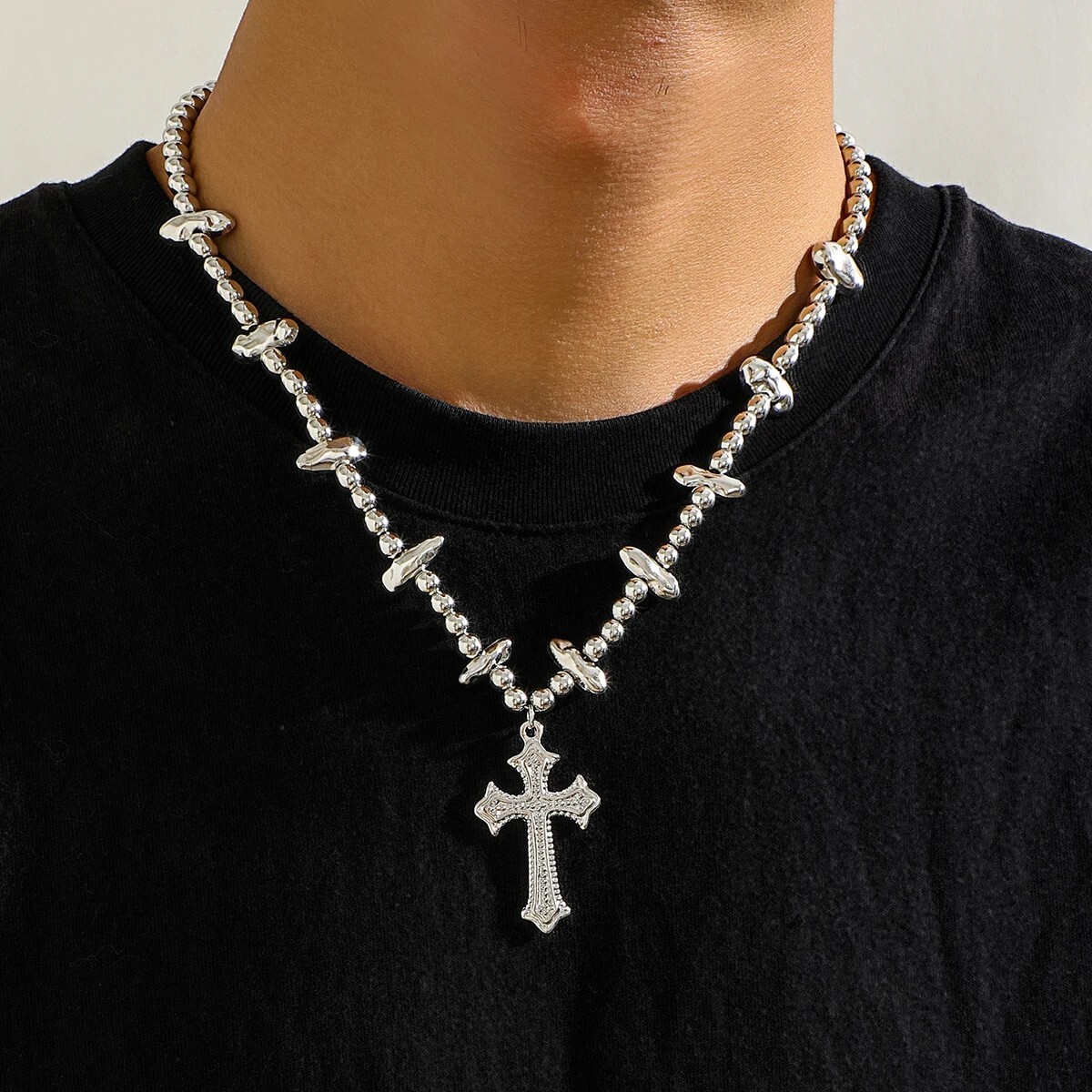 Cross Pendant & CCB Strand Beads Chain Necklace Choker Hip Hop Jewelry