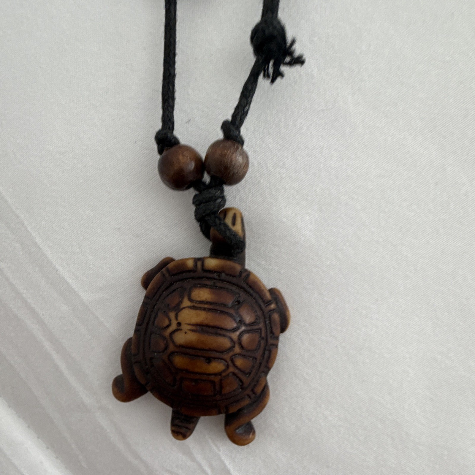 Adjustable Black Cord Beaded Necklace with Brown Wood Turtle Charm Pendant