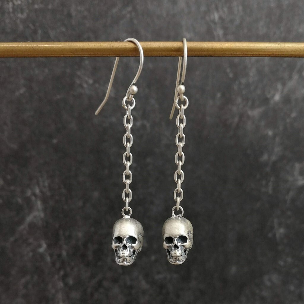 925 Sterling Silver Tiny Skull on Chain Drop Earrings Lightweight Gothic Unique