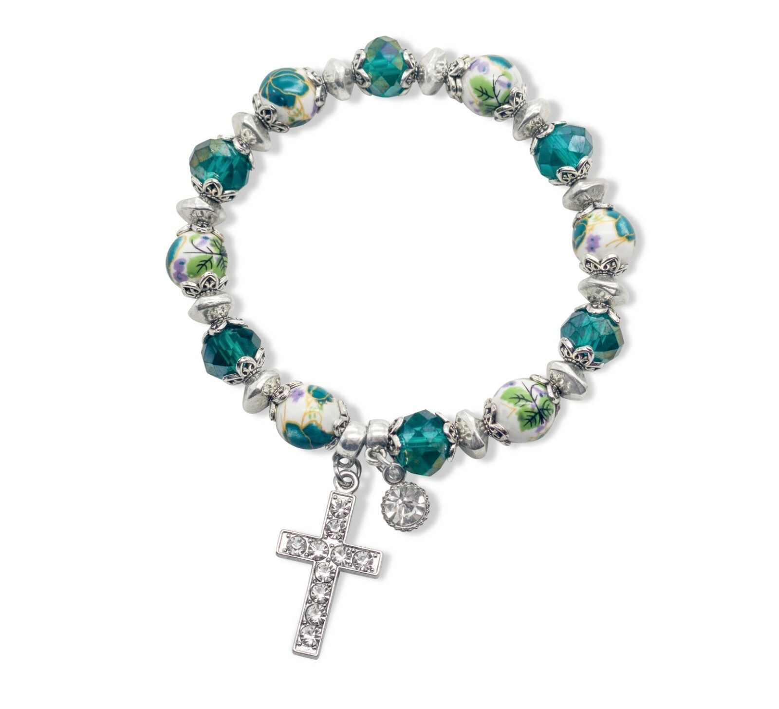 Green Crystal Cross Rosary Wrist Bangle Bracelet with Ceramic Flowers and Beaded