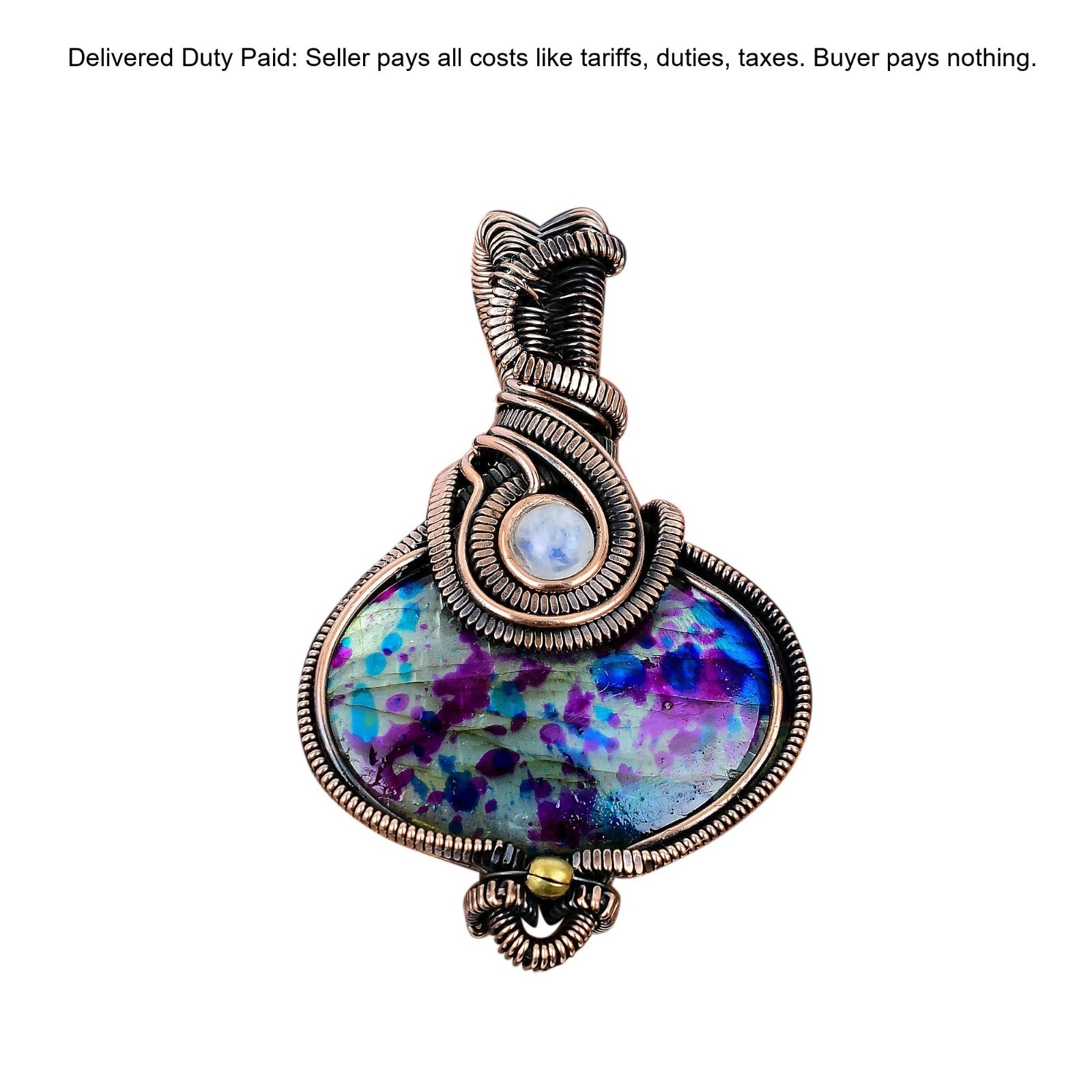Oval Multi Fire Labradorite Stone Rainbow Moonstone Copper Boho Pendant Jewelry