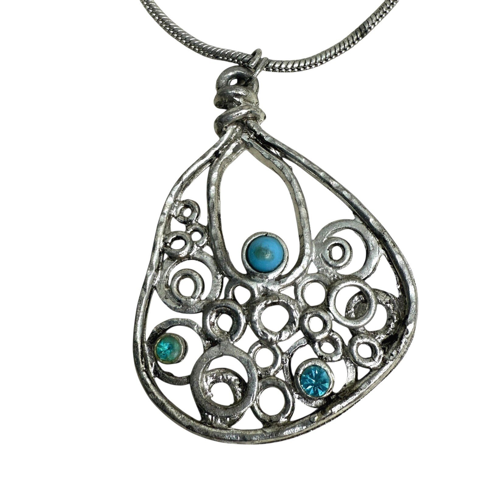 Silver Tone Turquoise Accents Pendant Necklace Teardrop Statement Jewelry 11.5in