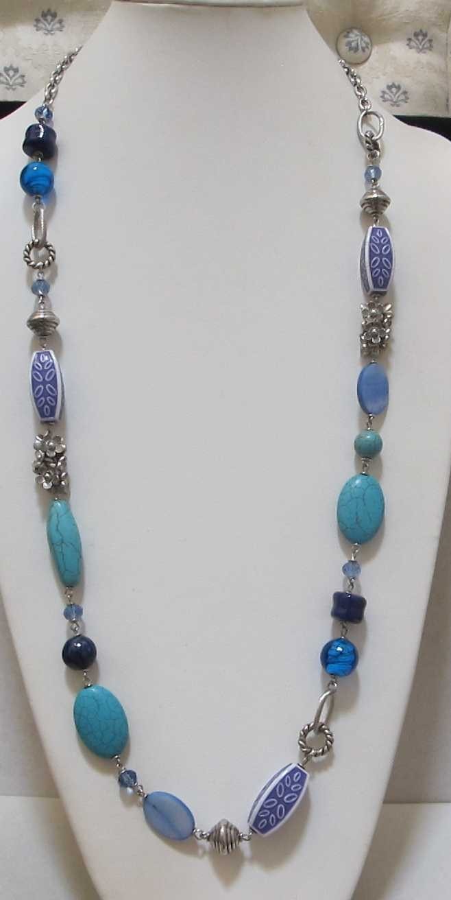 PREMIER DESIGNS “Blue Lagoon” Silver Tone Howlite, Acrylic, Glass 36” Necklace