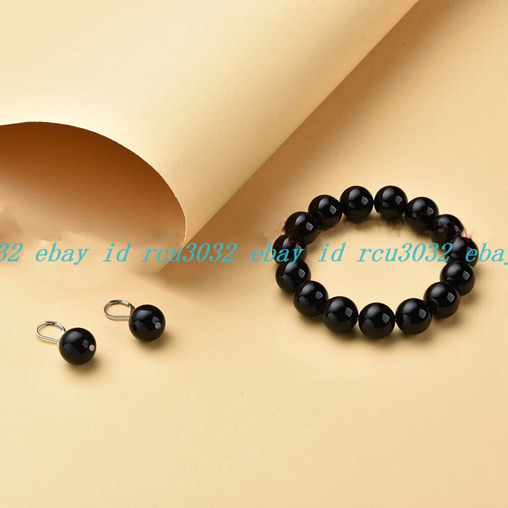 Natural 6/8/10/12/14mm Black Agate Round Gemstone Beads Bracelet Earrings Set