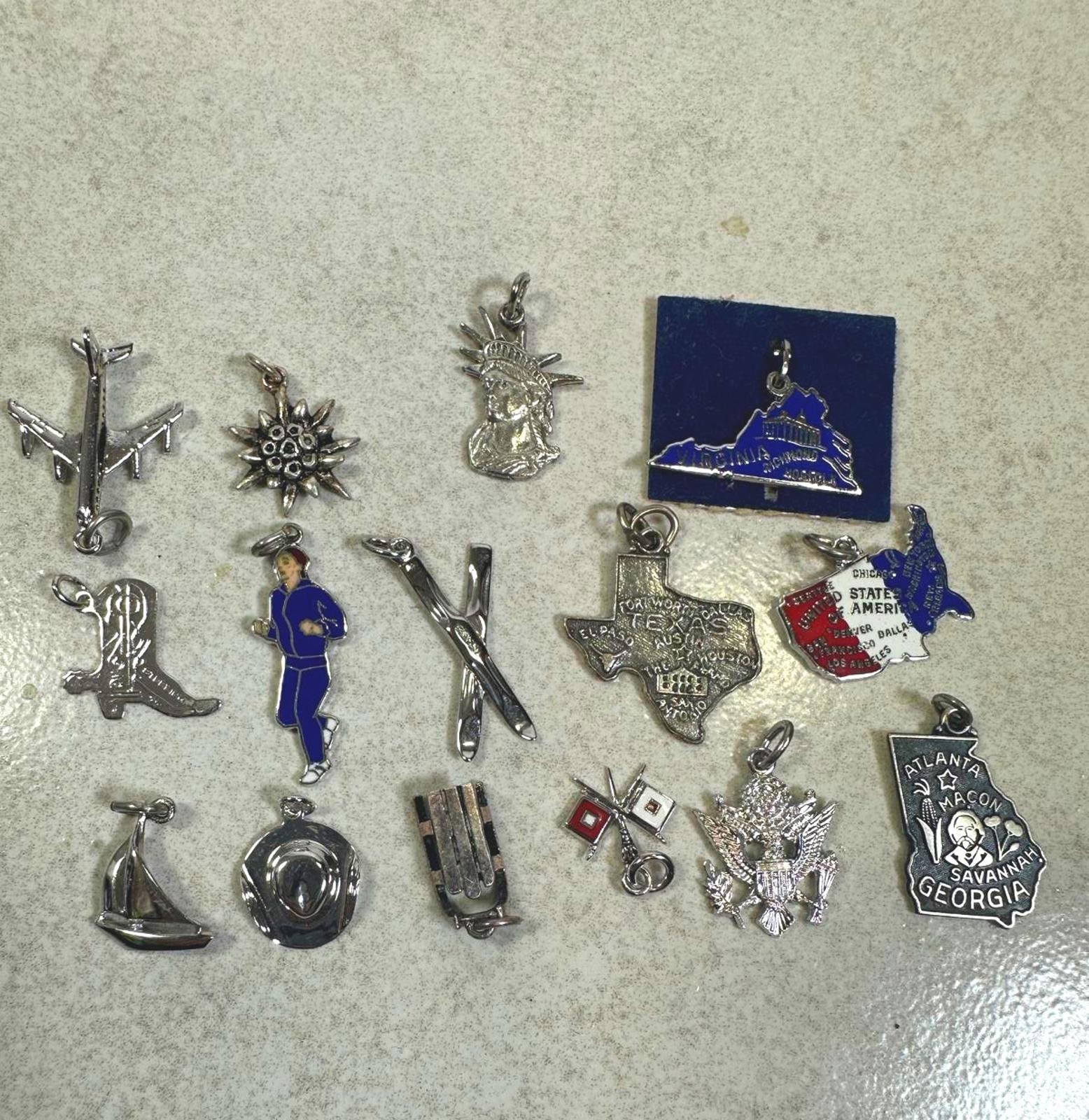 Vintage Sterling Silver Travel & Americana Charm Lot 14 Pieces