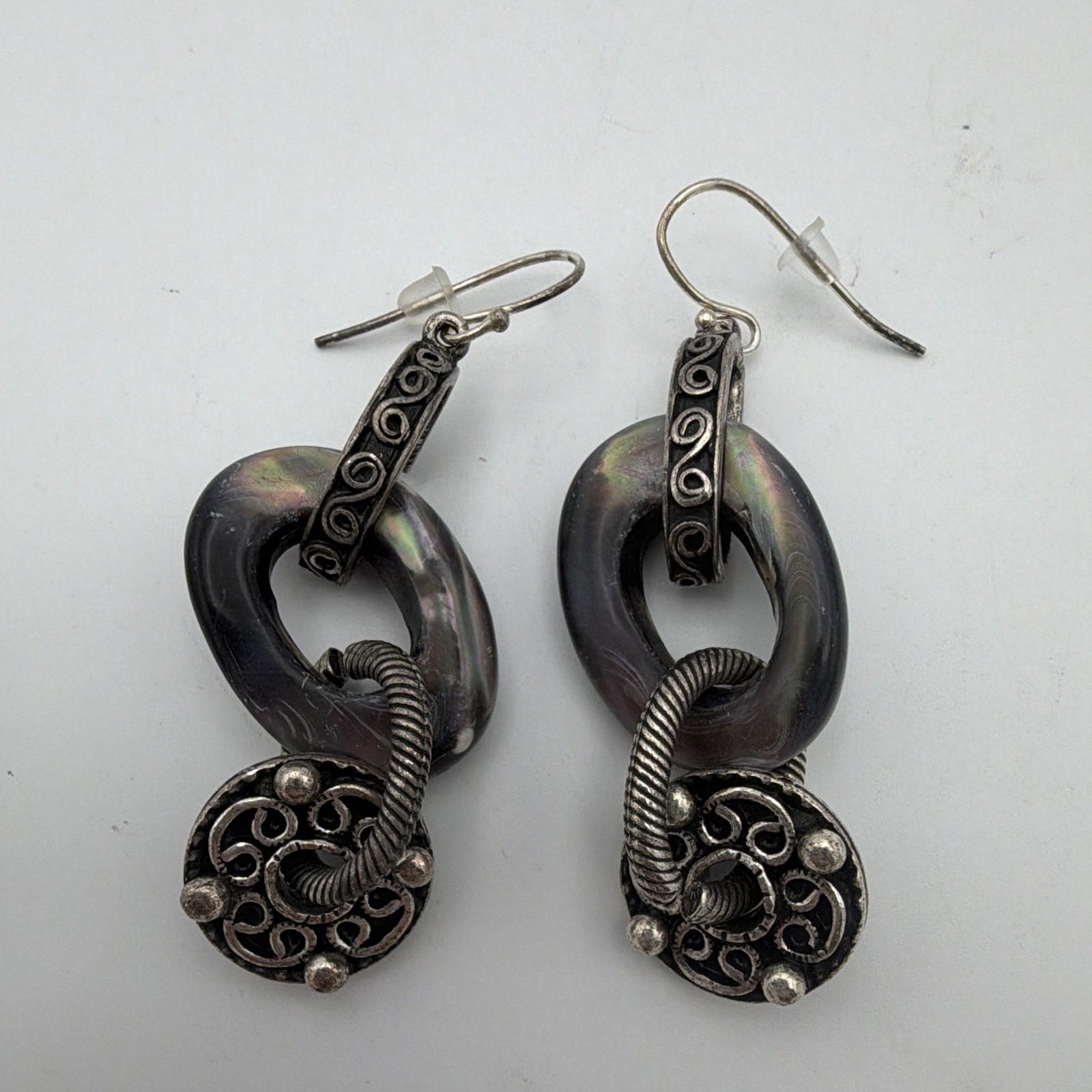 Chico’s Silver Tone Black Oval Dangle Drop Earrings Hook Closure Metal