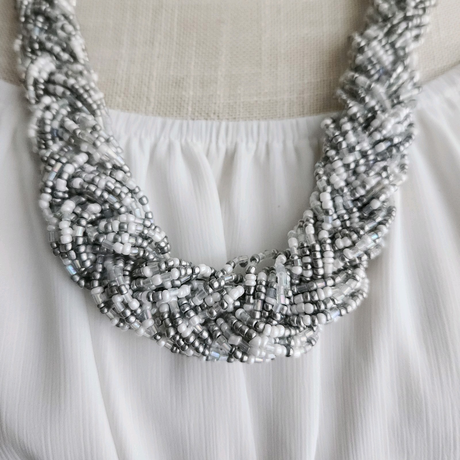 Silver & White Multi-Strand Seed Bead Braided Statement Necklace 26″