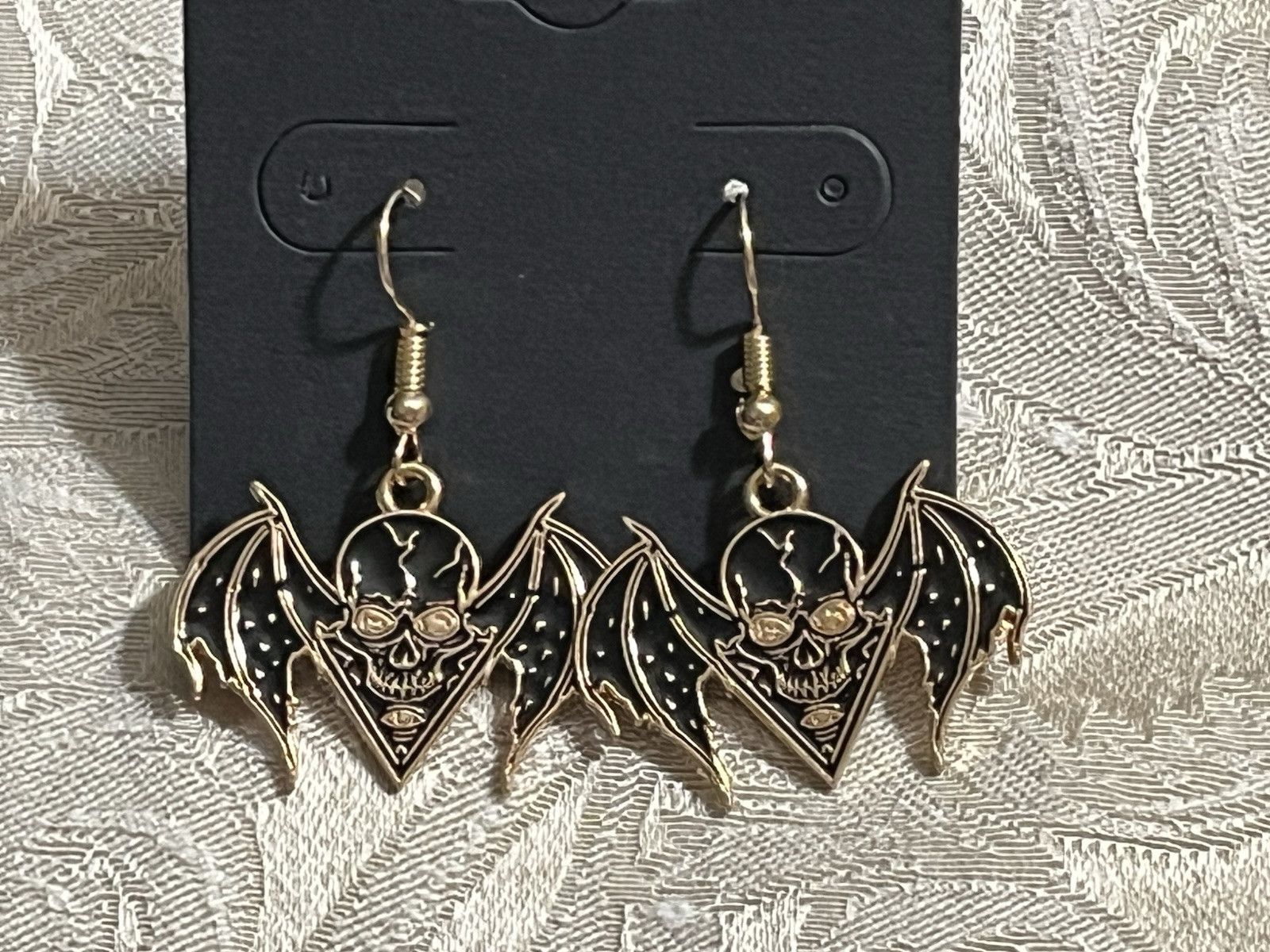 Gothic Bat Skull Halloween Charm Gold Dangle Bohemian Fashion Fun Earring Set