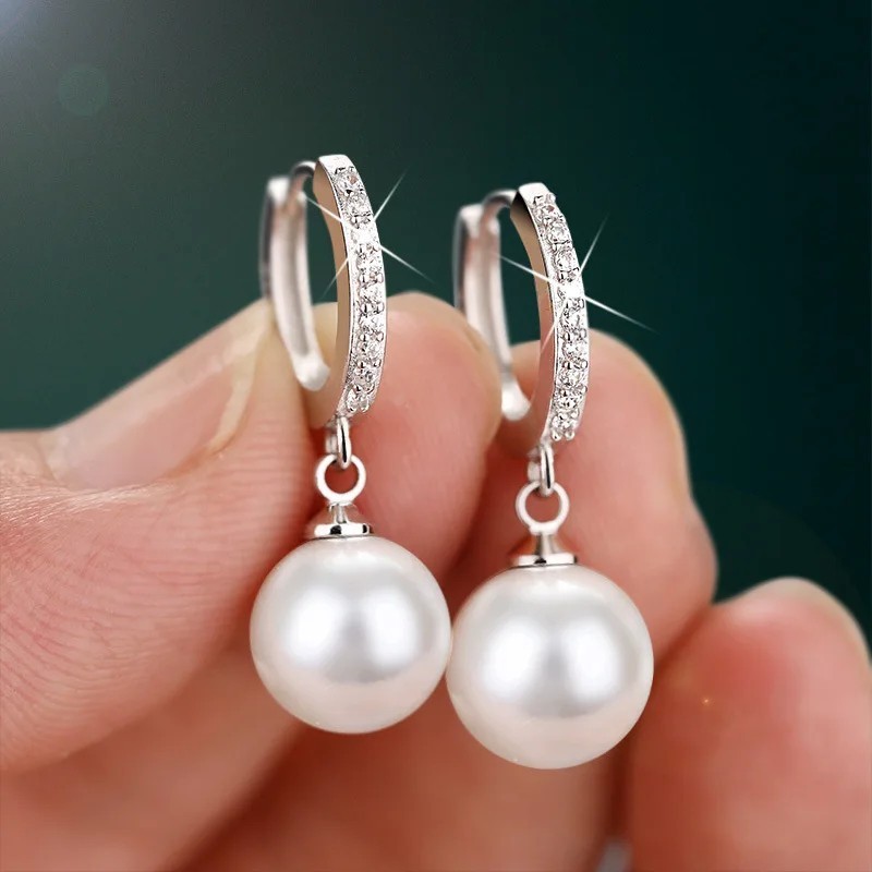925 Sterling Silver Freshwater Pearl Earrings Crystal Women Wedding Party Gift