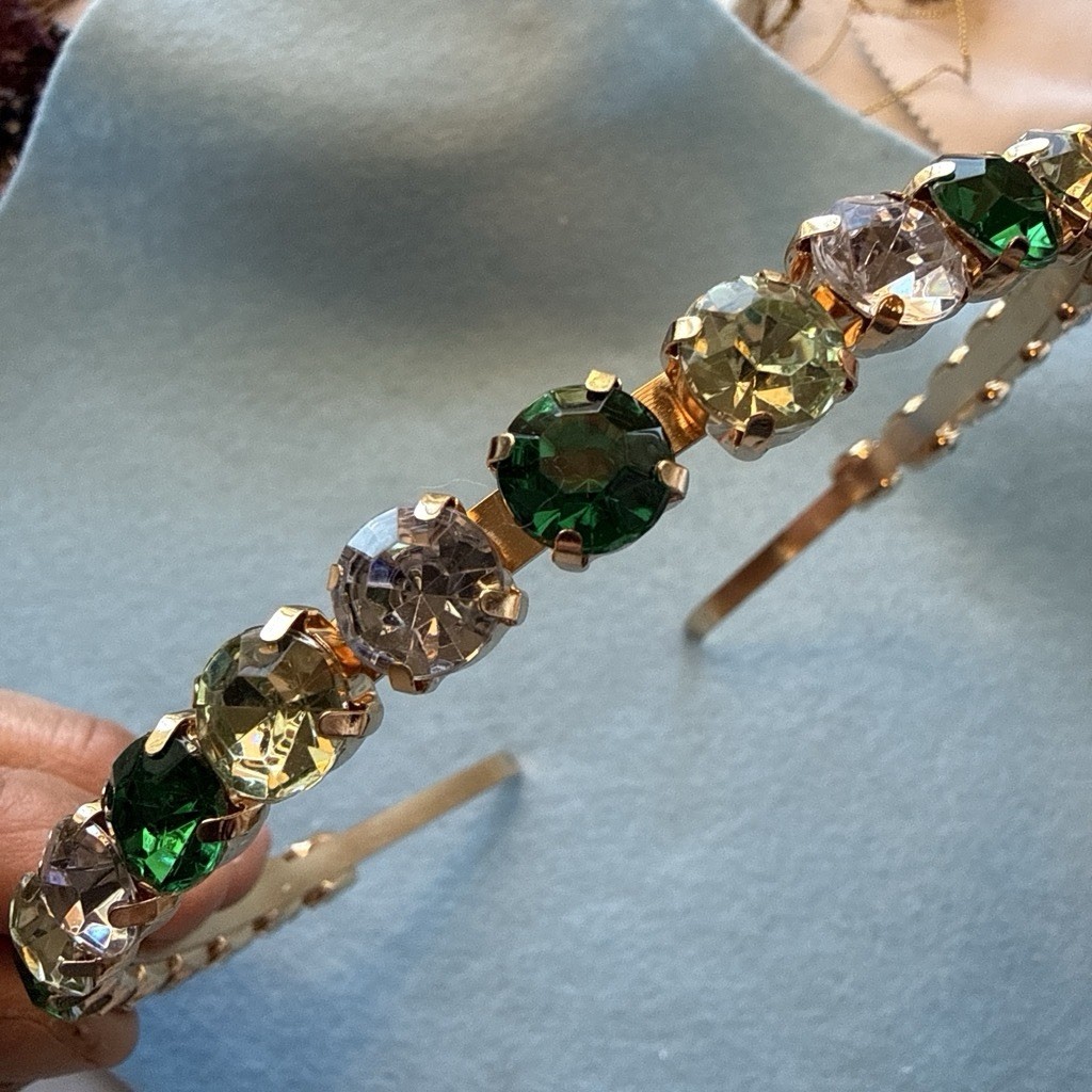 Gold Tone Crystal Headband Prong Set Round Green & Clear Stones