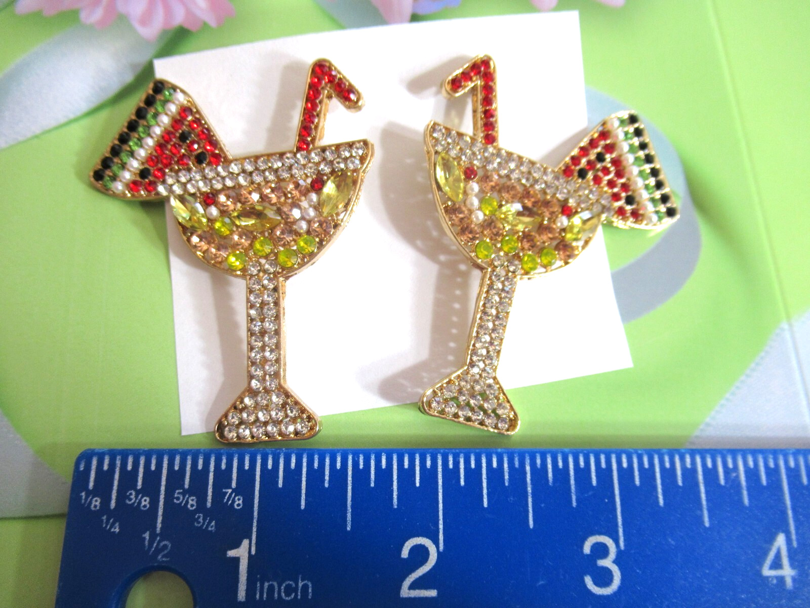 BIG 2.50″ DRY MARTINI COCKTAIL FRUIT COCKTAIL AB RHINESTONE DANGLE EARRINGS