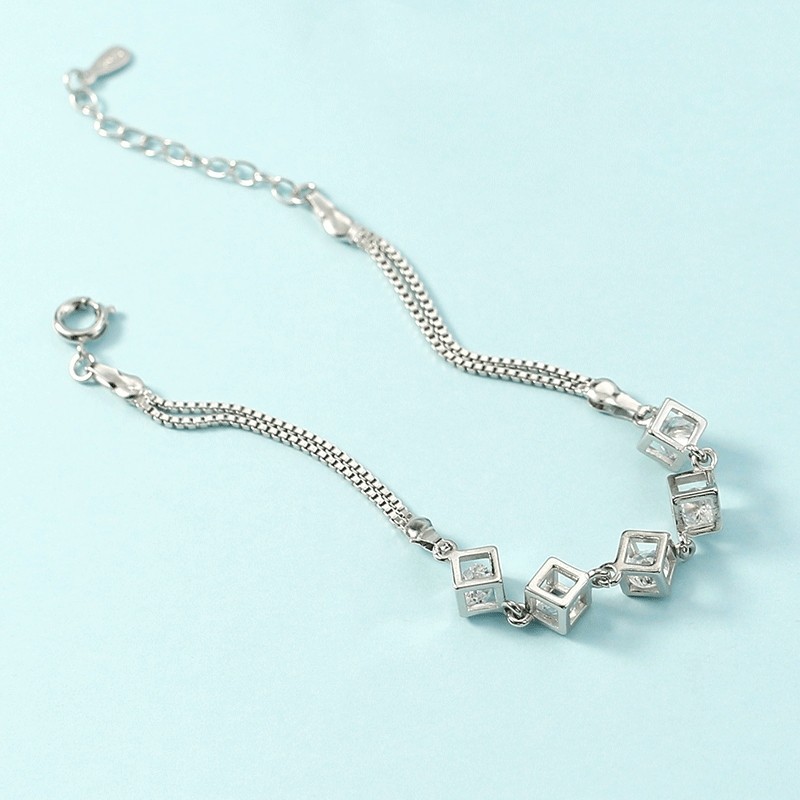 Silver Tone Hollow Square Cube CZ Double Box Chain Adjustable Bracelet