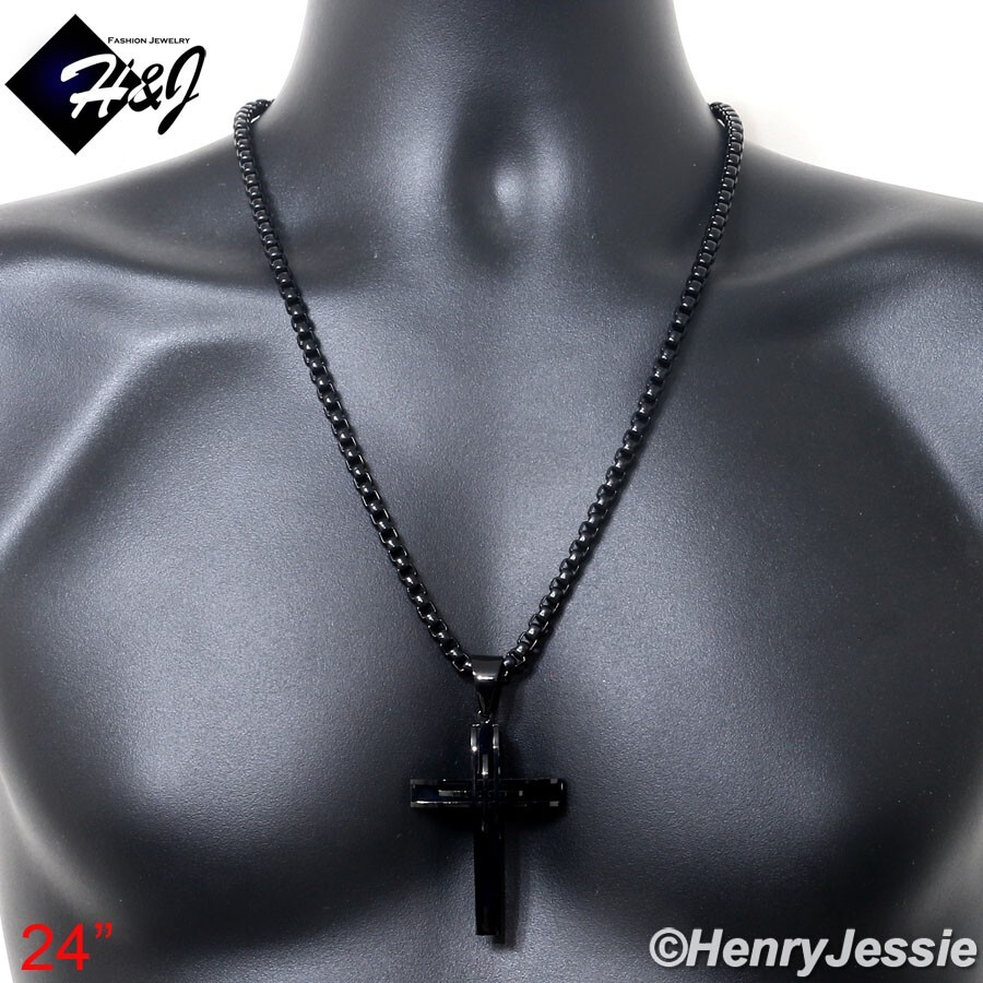 24″MEN Stainless Steel 5mm Black Plated Box Link Chain Necklace Cross Pendant*A