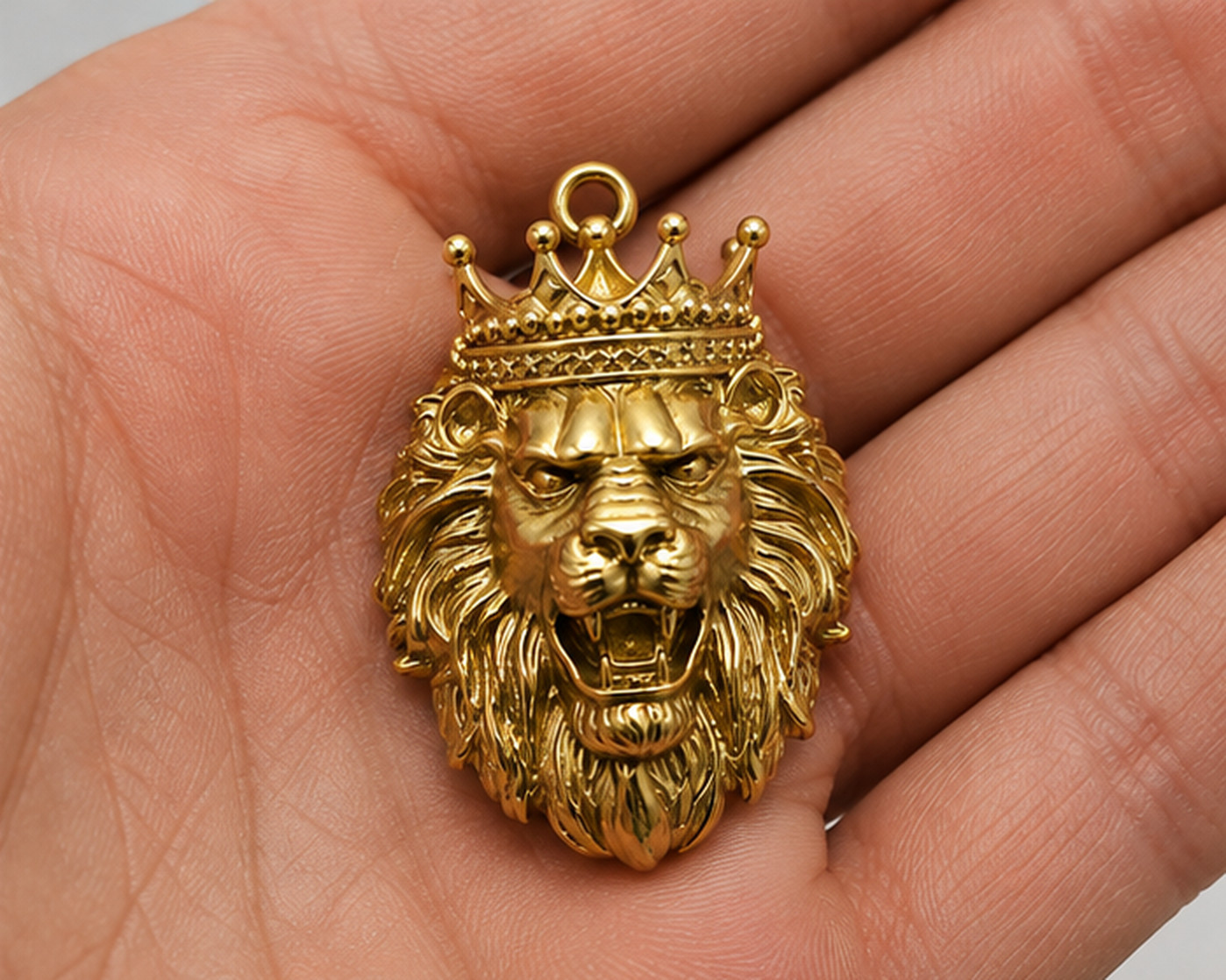 Crowned King Lion Solid 14 K Yellow Gold Pendant- Lion Jewelry Necklace Pendant
