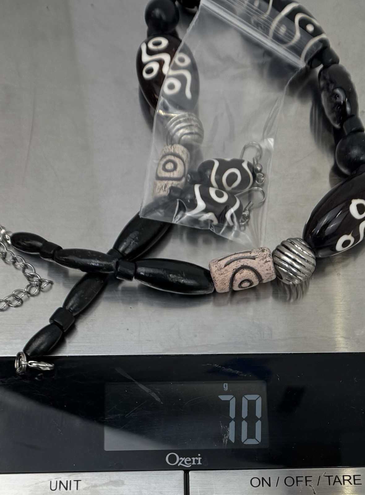 African Tribal Statement Necklace Earrings Set Black Resin Beads 19-22 In