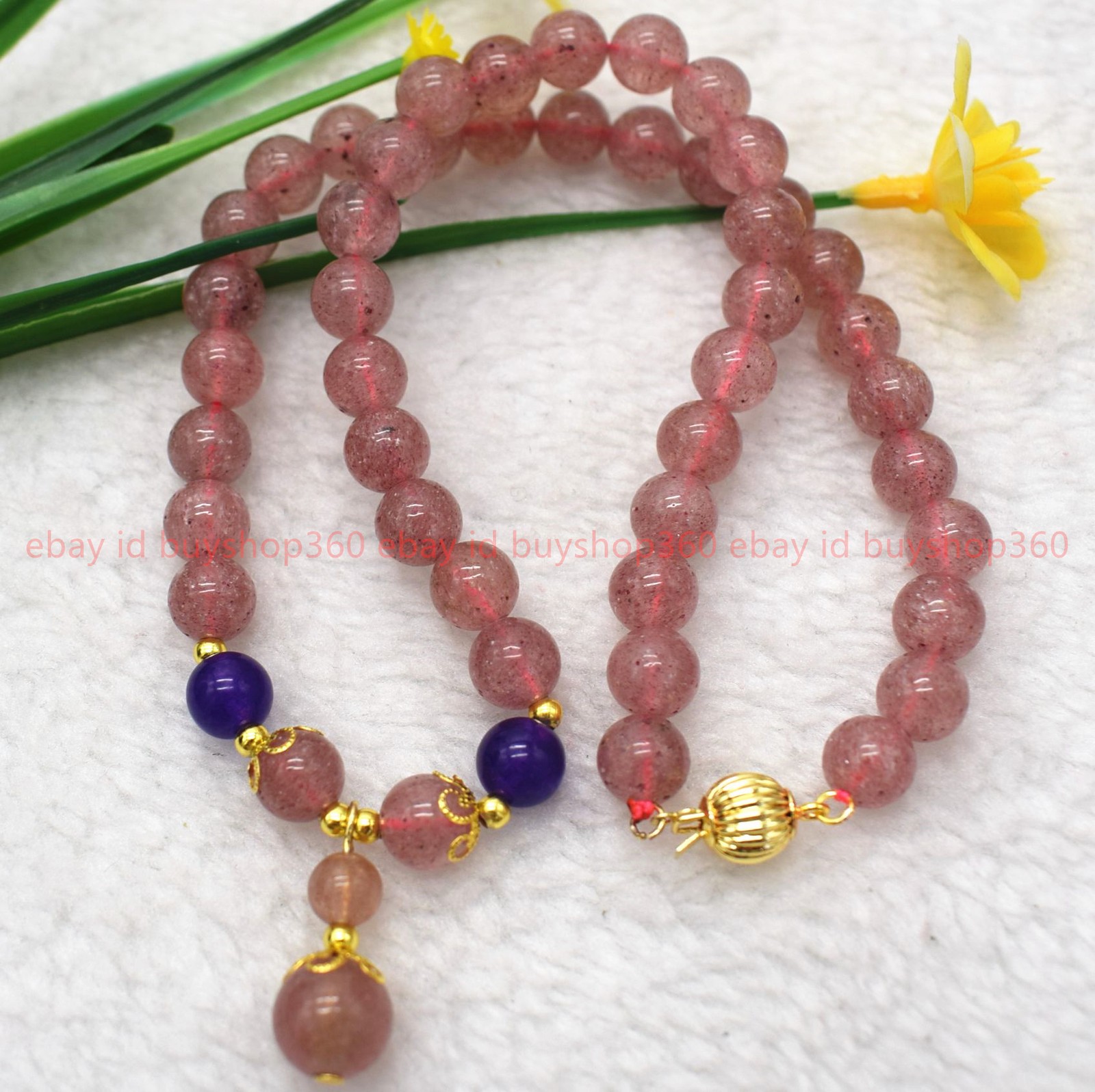 Natural 8mm Pink Strawberry Quartz Round Gemstone Beaded Necklace 18-26in