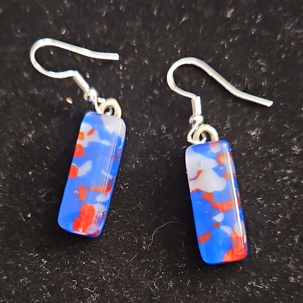 Blue Rectangle Glass & Metal Dangle/Drop Earrings Hook Closure With Stone