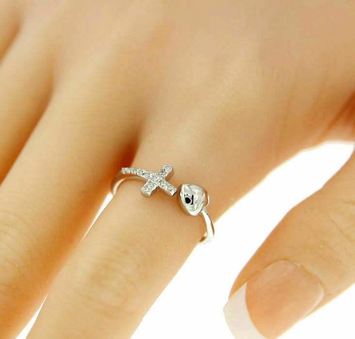 ▌925 Sterling Silver White CZ SIDEWAYS CROSS HEART Ring Size 4,5,6,7,8,9,10 »R53
