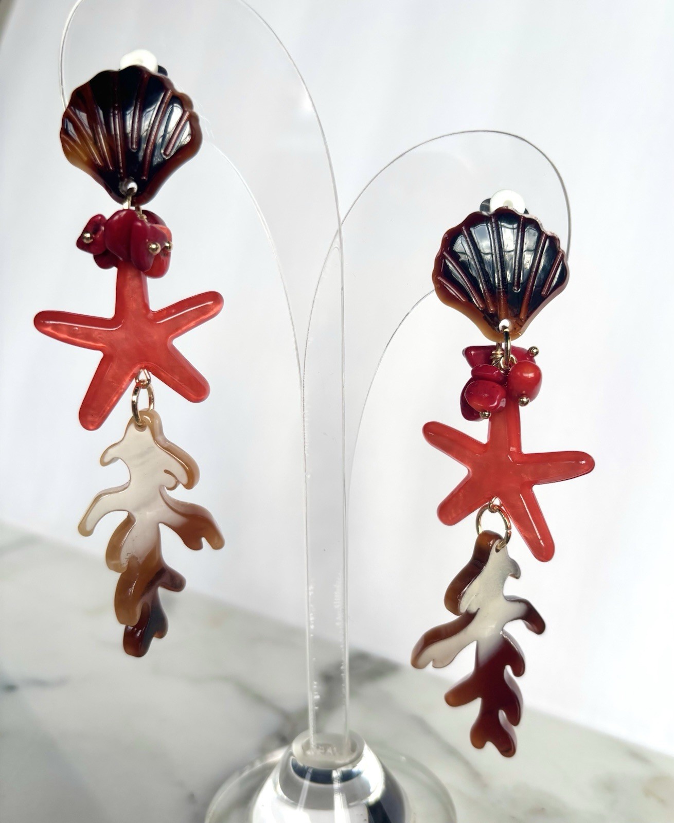 SUMMER RESIN SEASHELL STARFISH CORAL CLIP ON DANGLE CHARM EARRINGS NEW 3.5 In