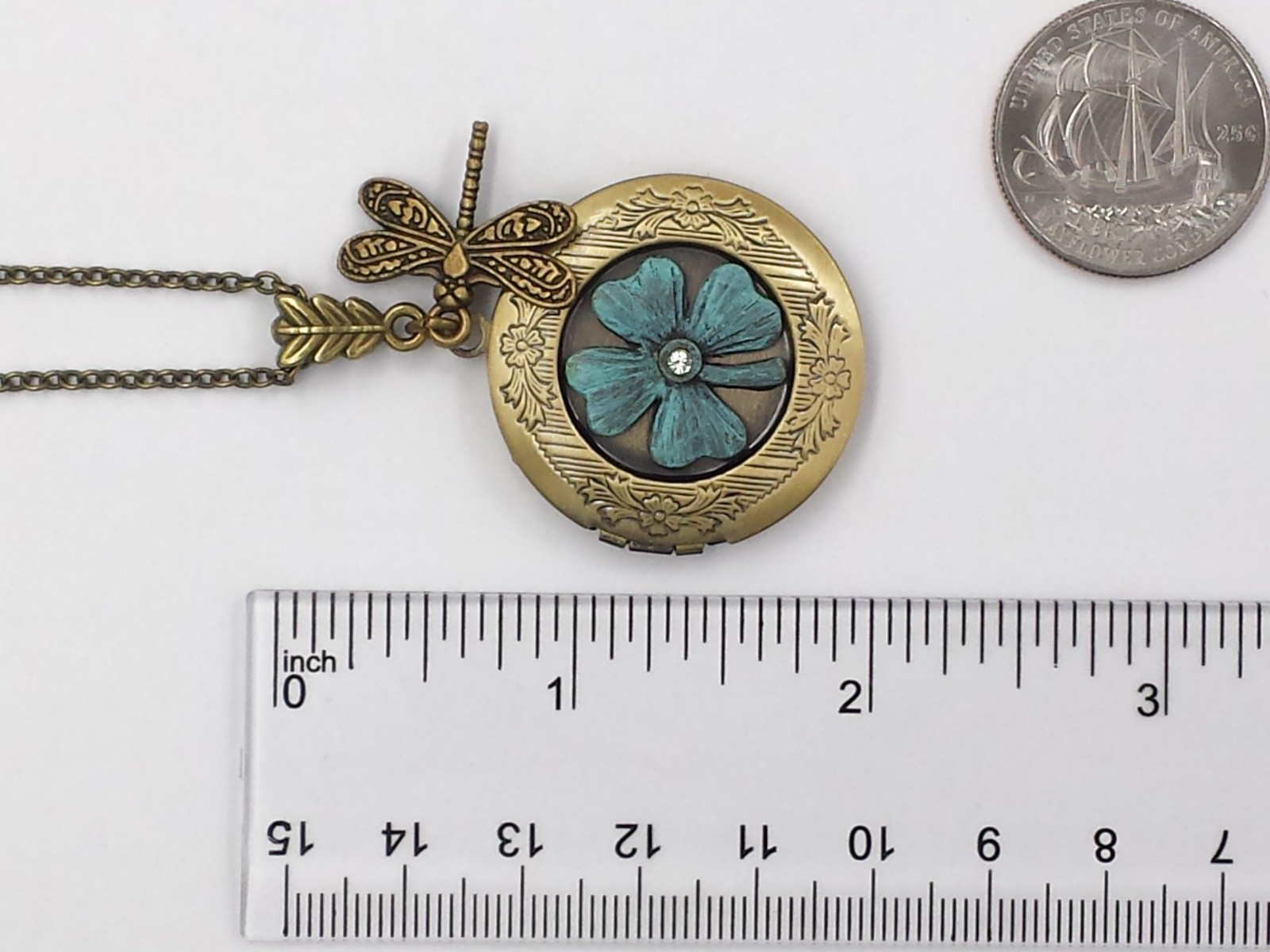 Clover and Dragonfly Locket Faux Verdigris Patina Shamrock Leaf Jewelry