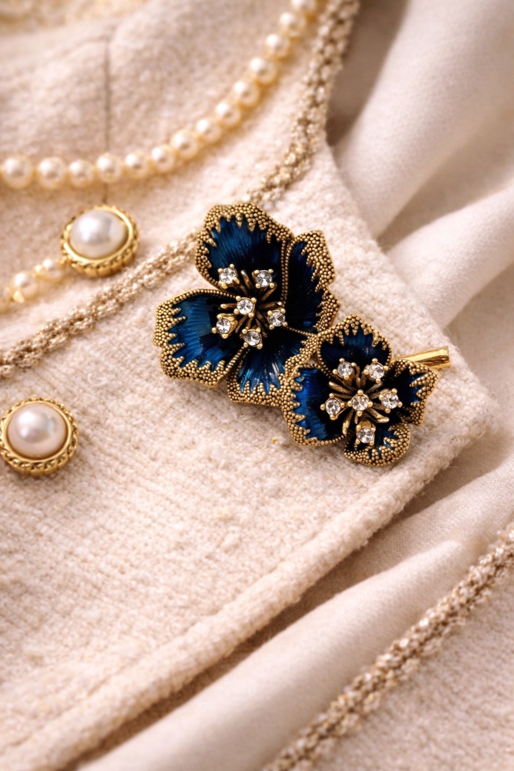 Blue Orchid Brooch, Gold Brass Flower Pin with Rhinestones