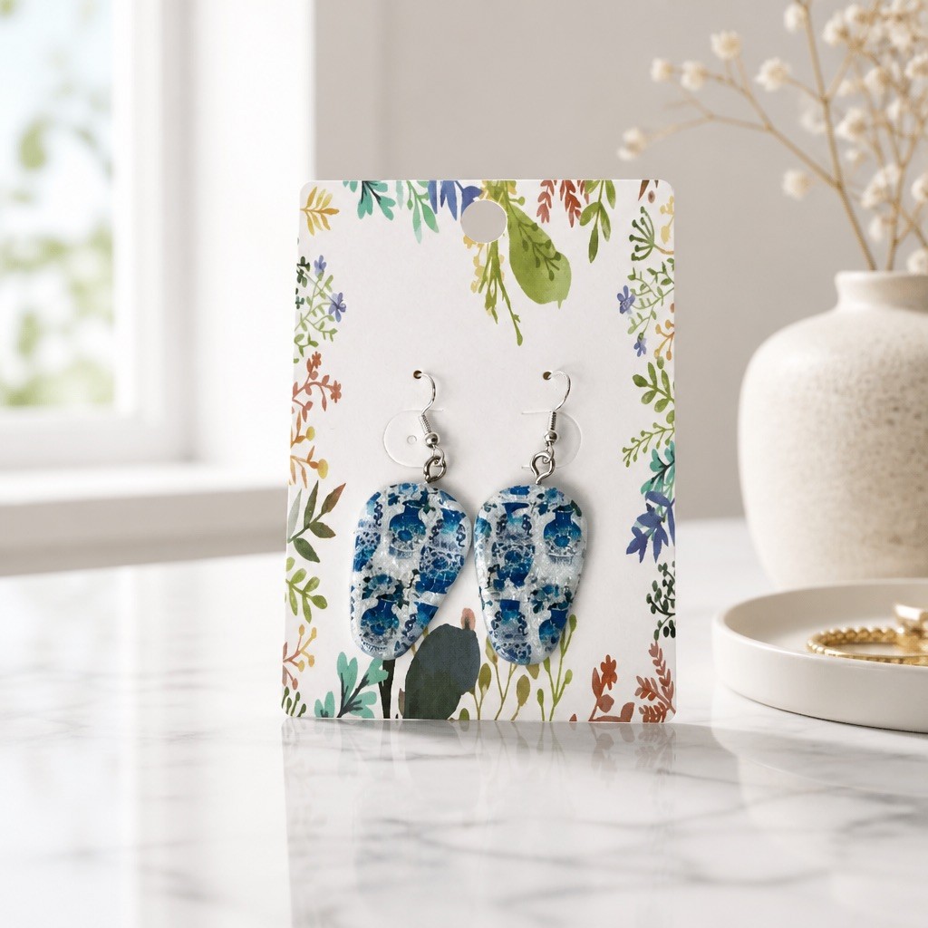 Hand Made White and Blue Polymer Clay Earrings for Women Handmade Earrings UK