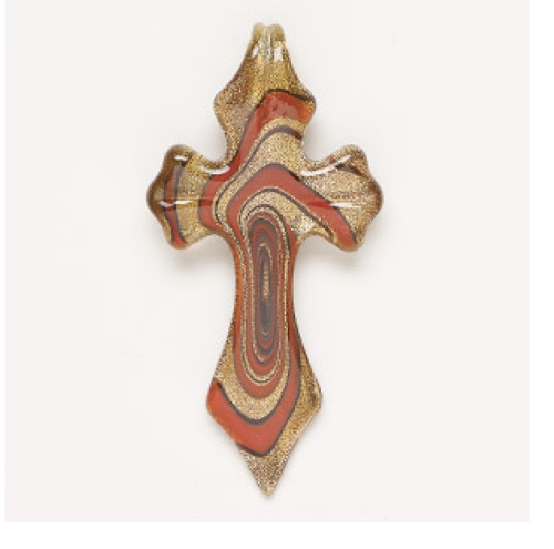Focal, lampworked 3″ Cross, red-orange and black with copper-colored glitter