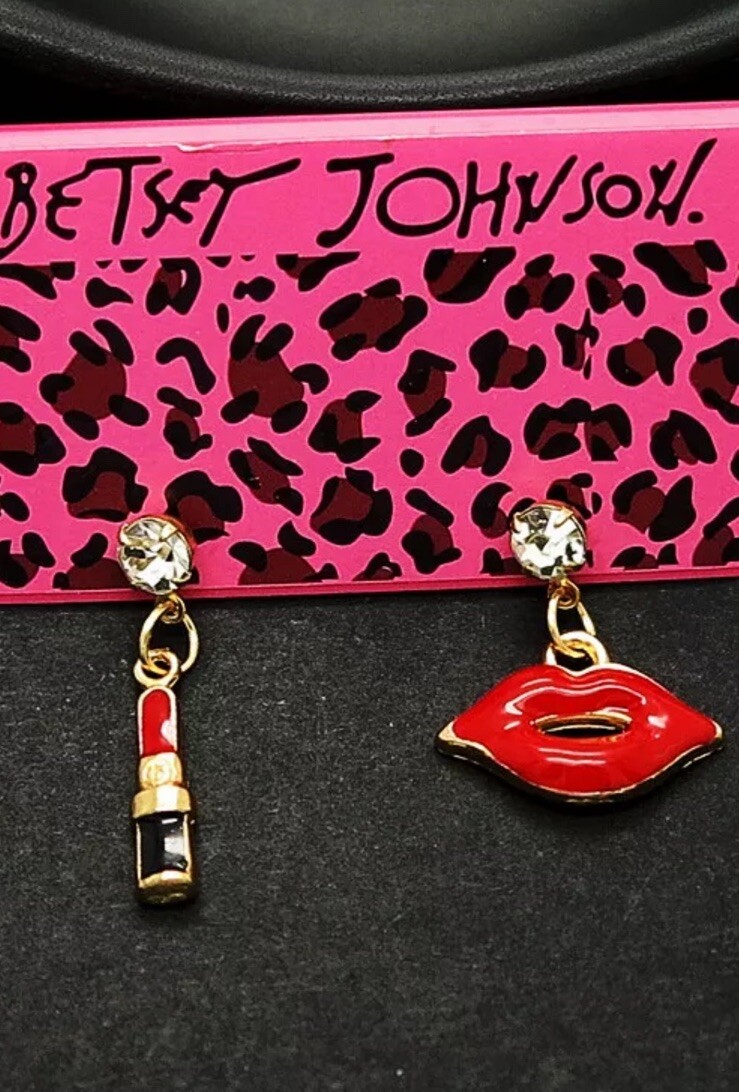 Betsey Johnson Red Enamel Rhinestone Lips Lipstick Dangle Earrings NWT