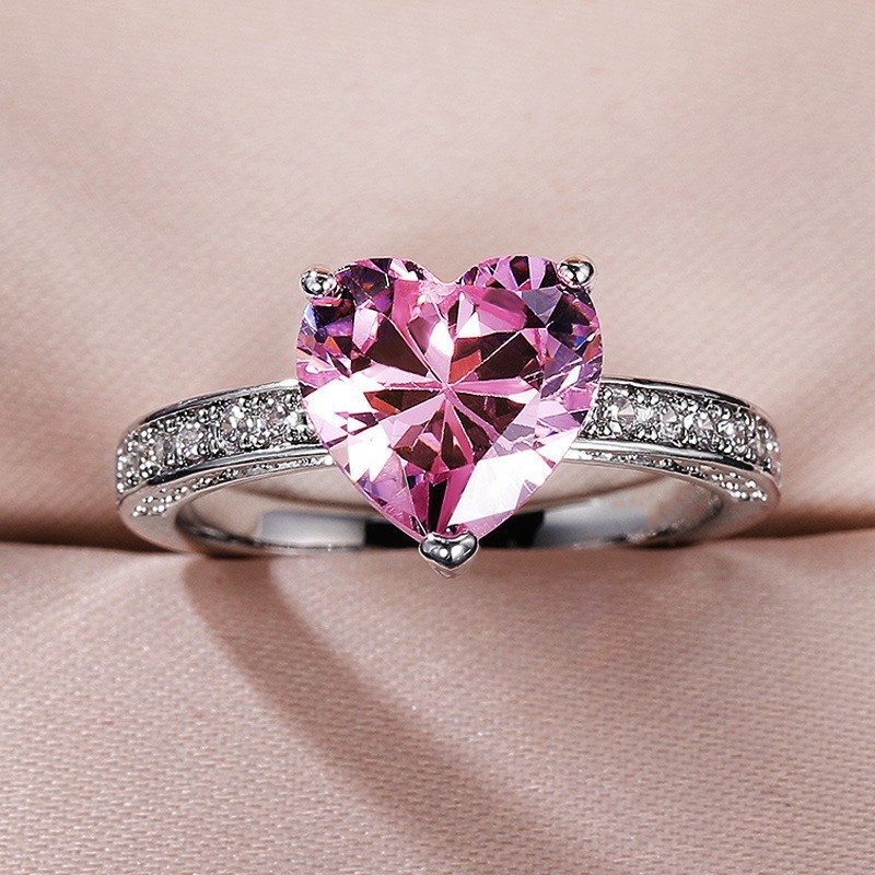 Heart Shape Crystal Rhinestone Ring 925 Silver Prong Setting Pave Setting Women