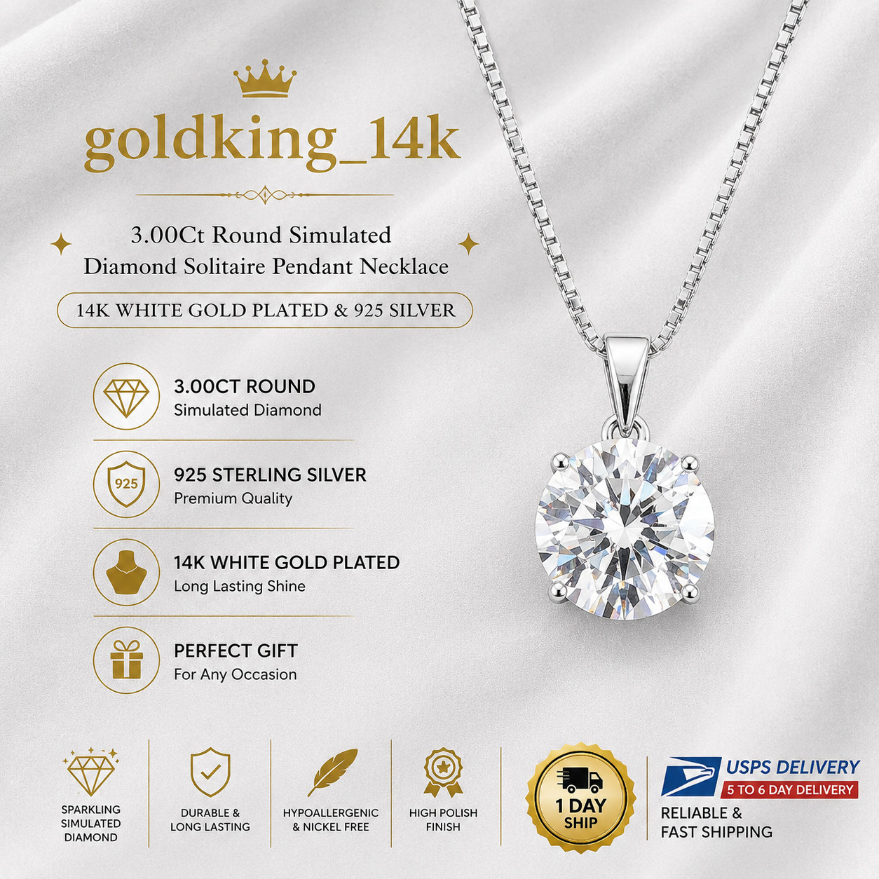 3.00Ct Round Simulated Diamond Solitaire Pendant Necklace 14k White Gold Plated