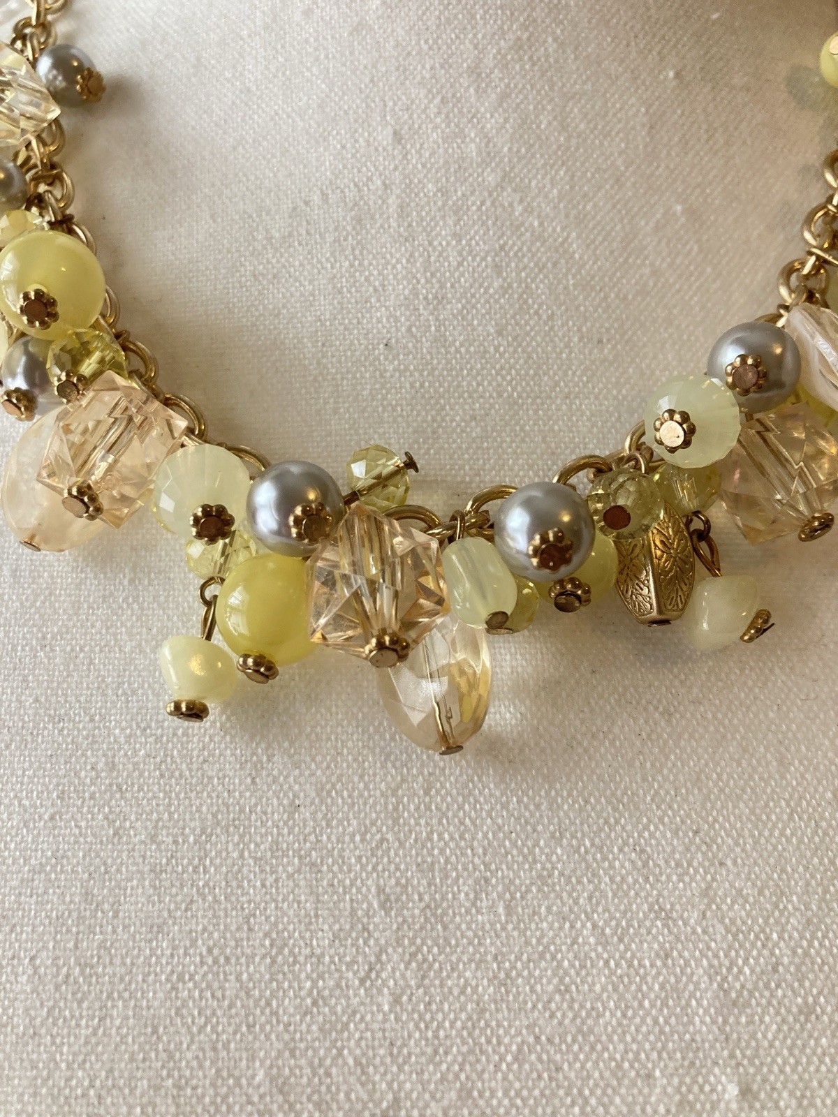 Yellow Cluster Charm Necklace Gold Tone Chain Chunky Beaded Statement Evening