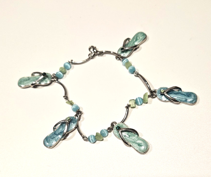 Sandals Flip Flop Silver Beads Rhinestones Enamel Anklet Beach Vacation boho