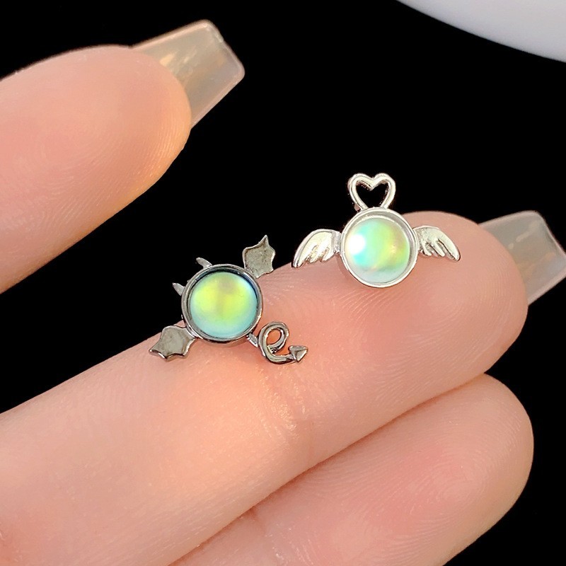 Asymmetrical White Angel & Black Devil 925 Sterling Silver Mini Stud Earrings