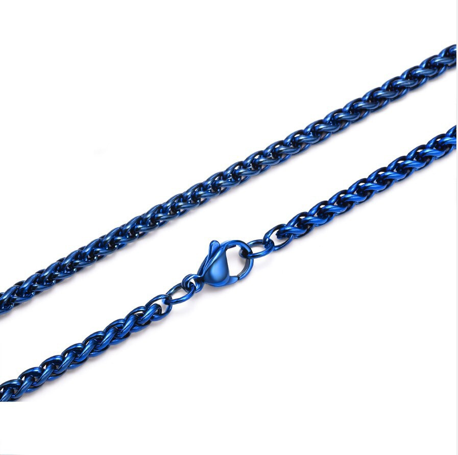 Men Blue Rectangular Bar Necklace Stainless Steel Simple Pendant Wheat Chain 24′