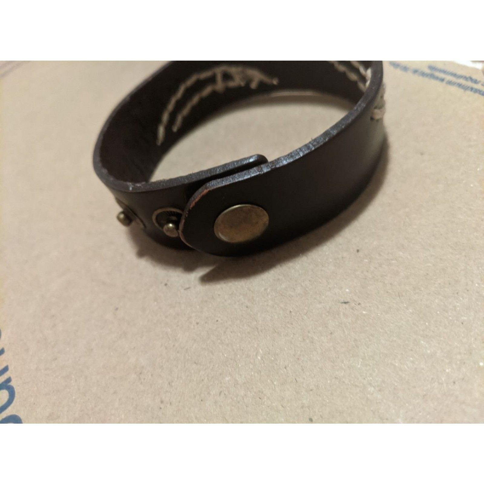 Brown Leather Cuff Bracelet Adjustable Contrast Stitch Boho Grunge Biker