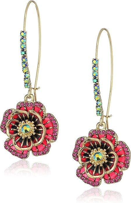 Floral Drop Earrings Women Gold Tone Crystal Rose Flower Hook Statement Boho