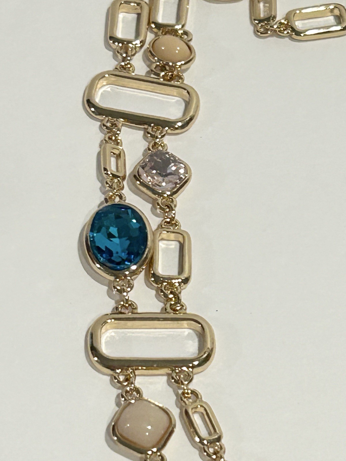 Gold Tone Double Chain Necklace With Man made London Blue Topaz