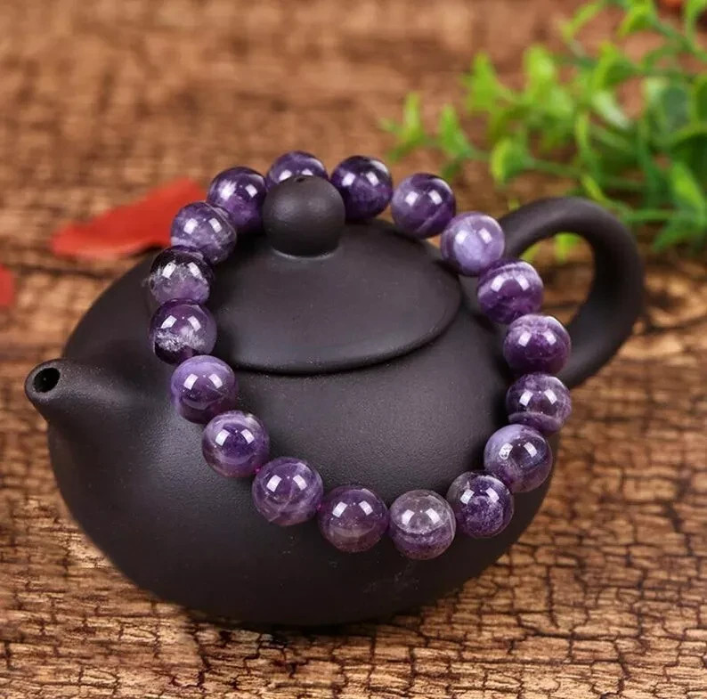 Amethyst Stretch Bracelet 10mm Purple Crystal Beaded February Birthstone Gift